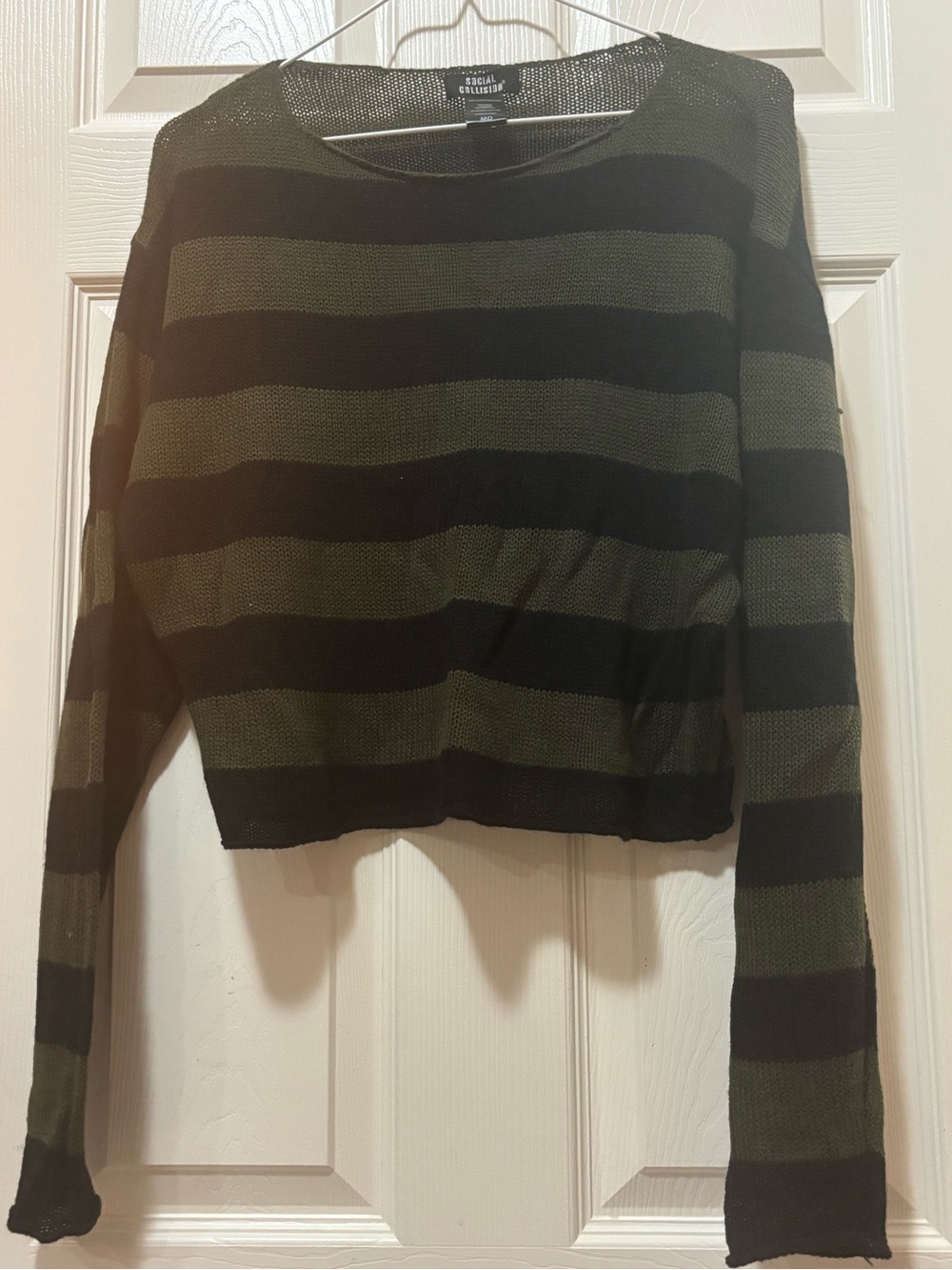 Striped Olive & Black Cropped Crewneck Sweater